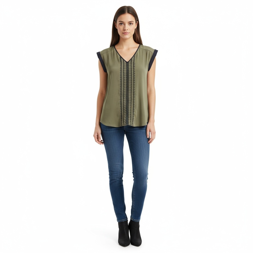 Express Womens Olive Embroidered V Neck Blouse Chic Casual Size S P